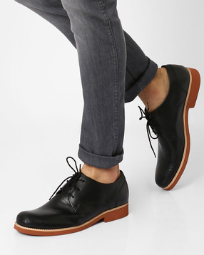 AJIO - Perforated Leather N9-Treated Derby Shoes