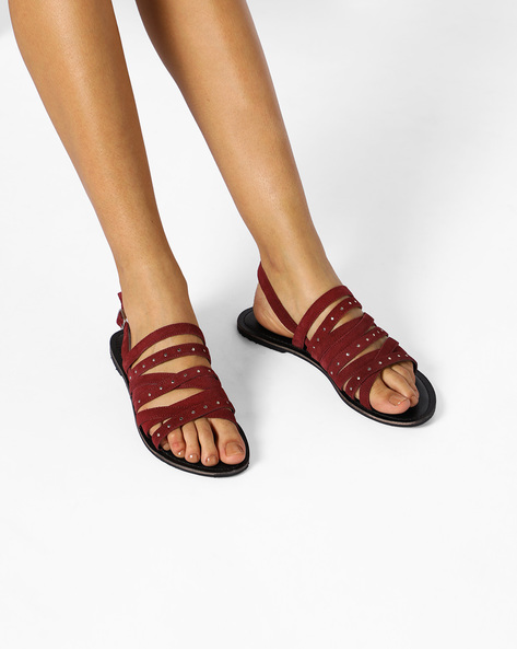 49% OFF on AJIO Strappy Suede Leather Slingback Flat Sandals on